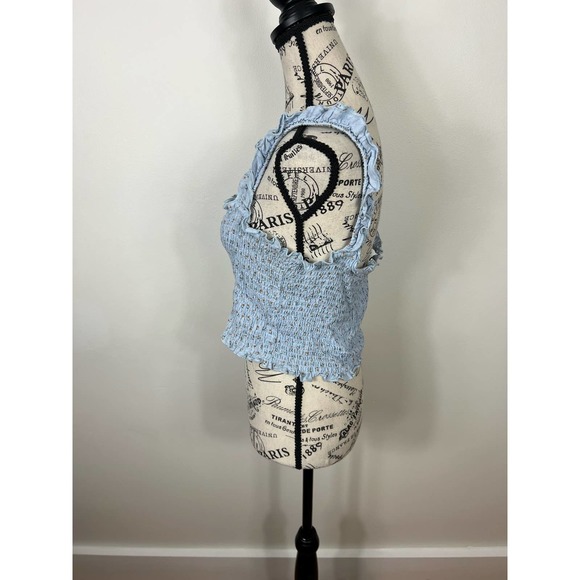 NWOT Mable Light Blue Floral Ruffle hem Wide strap Ruched Crop Top - Picture 10 of 10